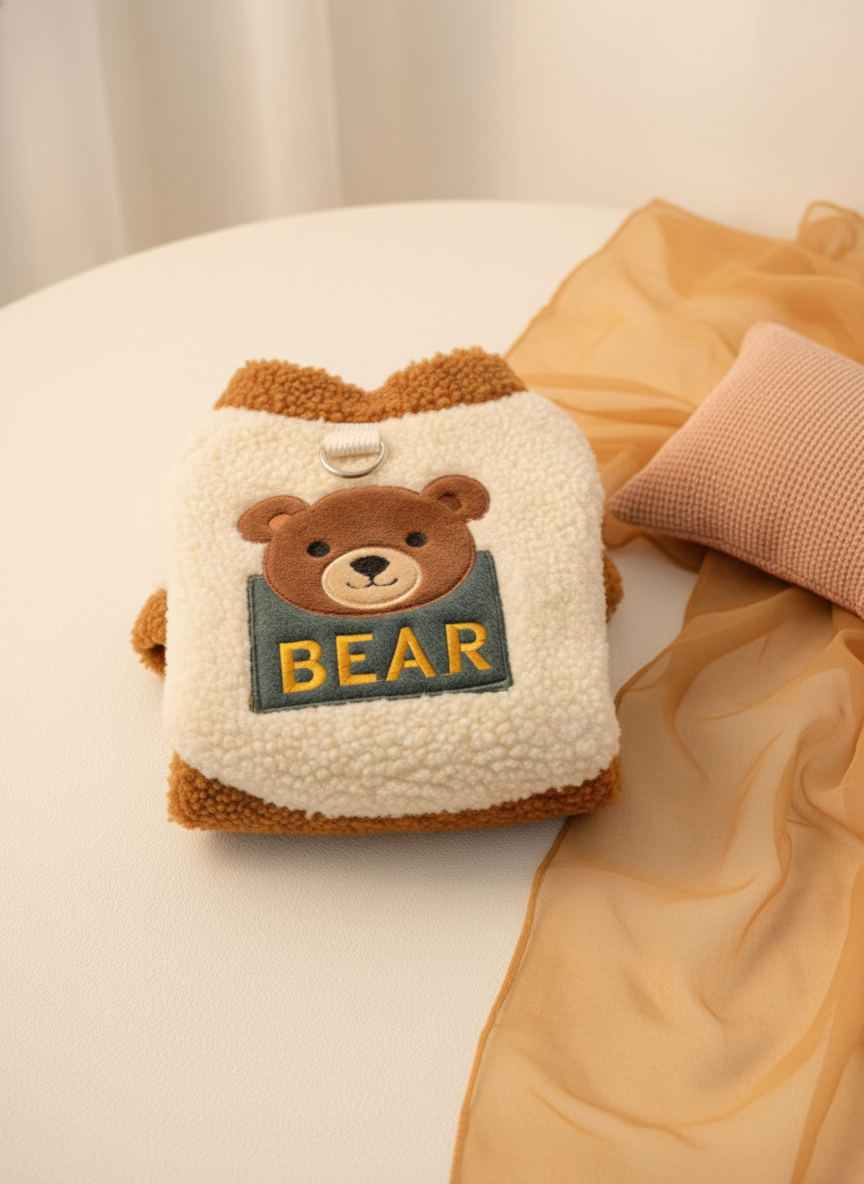 Flat-lay of a soft, cozy BEARVEE pet hoodie in a warm neutral tone, on a cream surface with warm lighting.