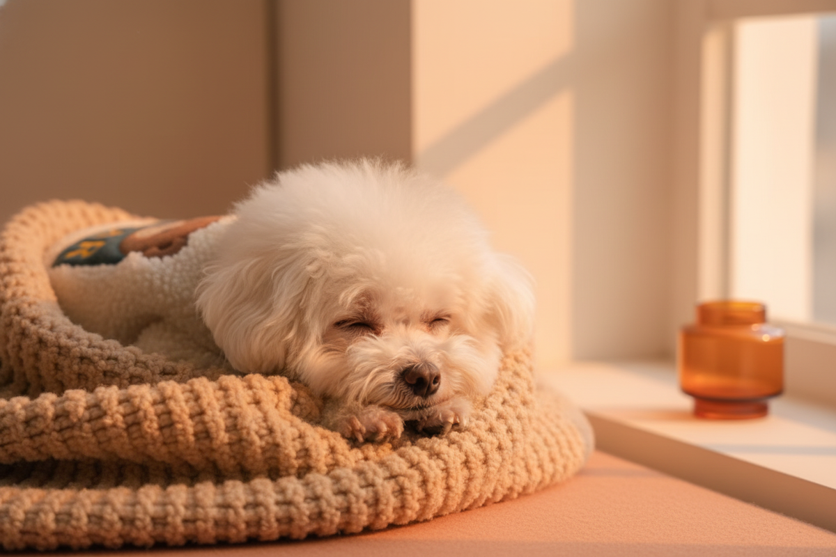 Small fluffy dog wearing a cream BEARVEE winter pet essential, snuggled on a beige knitted blanket by a window with warm ligh